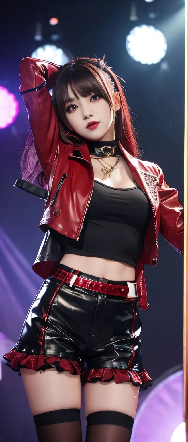 Kpop idol girl has striking red hair styled in a sleek, high ponytail. She wears a black leather jacket with silver studs, a fitted black crop top, high-waisted black pants, and combat boots.
Pose: Nova stands confidently with one foot on a low wall, leaning slightly forward. Her left hand rests on her knee. Red lights background. Close up