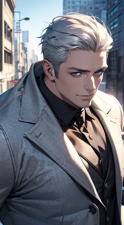 (best quality,4k,8k,highres,masterpiece:1.2),ultra-detailed,(realistic,photorealistic,photo-realistic:1.37),1 man,31 years old,mature man,very handsome,without expression,smile,short grey silver hair,blue eyes,penetrating gaze,perfect face without errors,imposing posture,businessman,office background,cinematic lighting,hdr image