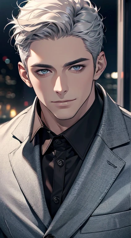 (best quality,4k,8k,highres,masterpiece:1.2),ultra-detailed,(realistic,photorealistic,photo-realistic:1.37),1 man,31 years old,mature man,very handsome,without expression,smile,short grey silver hair,blue eyes,penetrating gaze,perfect face without errors,imposing posture,businessman,office background,cinematic lighting,hdr image