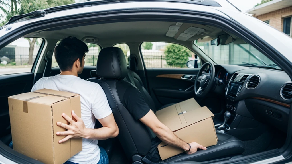 delivery man sitting in van with open back door checking several boxes