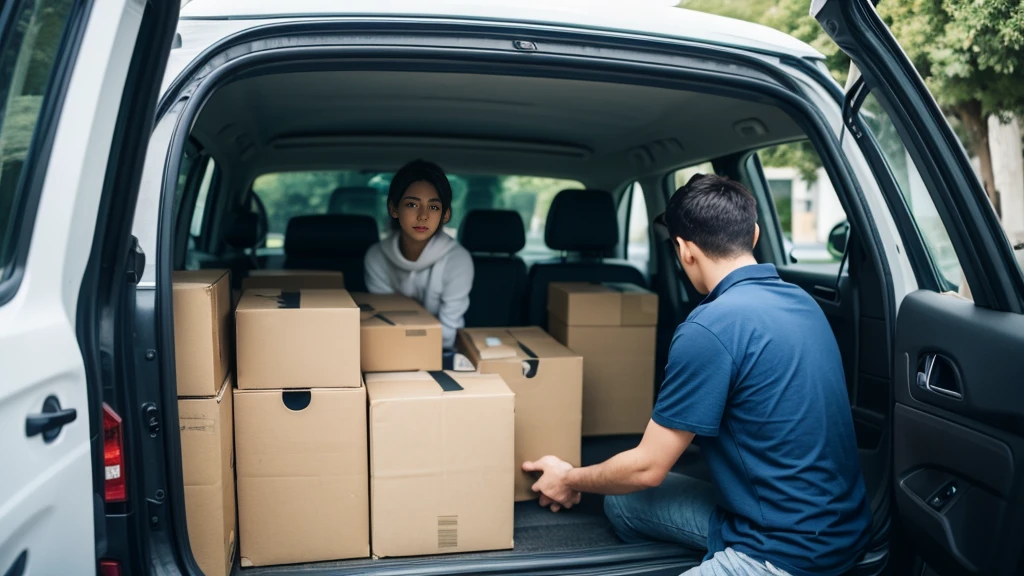 delivery man sitting in van with open back door checking several boxes