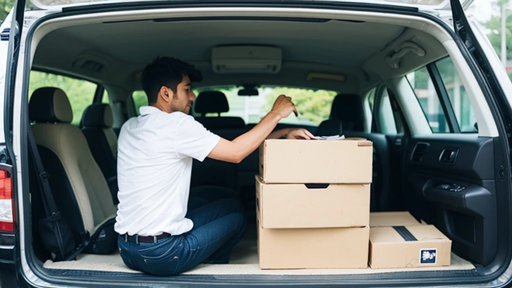 delivery man sitting in van with open back door checking several boxes