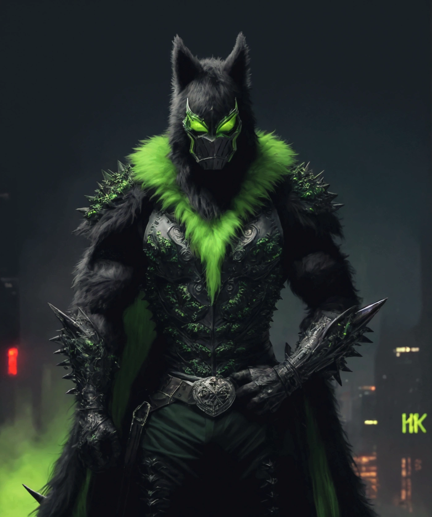 (extremely detailed 8k wallpaper), a medium shot photo of Grim dressed as a scary masked lime green and dark green furry-supervillain in a lime green and dark green spiked armour made of fur glowing armour with spikes from marvel, theme, intricate, high detail, dramatic, furry monster and destroyed buildings in the background