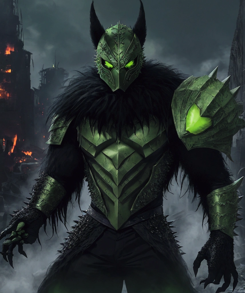 (extremely detailed 8k wallpaper), a medium shot photo of Grim dressed as a scary masked lime green and dark green furry-supervillain in a lime green and dark green spiked armour made of fur glowing armour with spikes from marvel, theme, intricate, high detail, dramatic, furry monster and destroyed buildings in the background