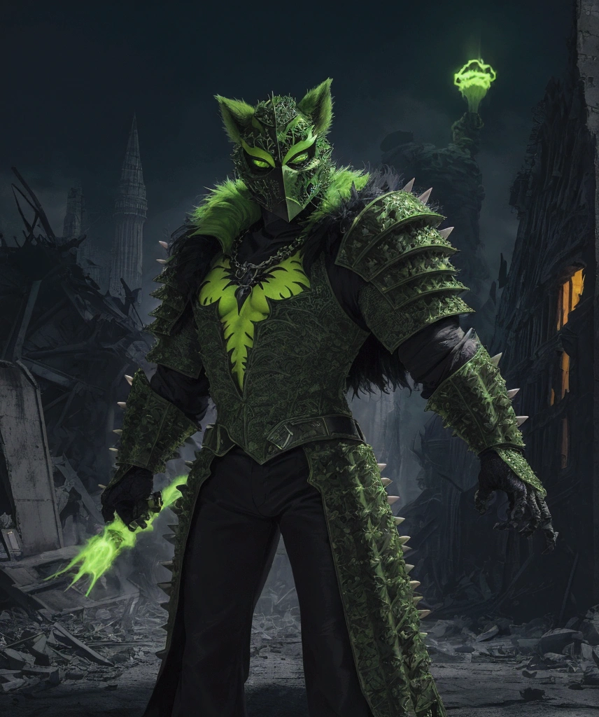 (extremely detailed 8k wallpaper), a medium shot photo of  Grim dressed as a scary masked lime green and dark green furry-supervillain in a lime green and dark green spiked armour made of fur glowing armour with spikes from marvel, theme, intricate, high detail, dramatic, furry monster and destroyed buildings in the background