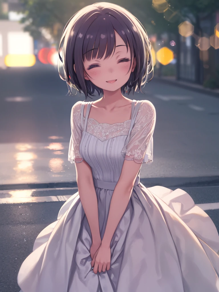 Highly detailed face, ((Drop your eyes)), 28-year-old female, Soft natural light, Bokeh effect. Spring Dresses, Perfect Makeup, Professional photography, Street Snapshots, (Happy expression), short hair, Long skirt,