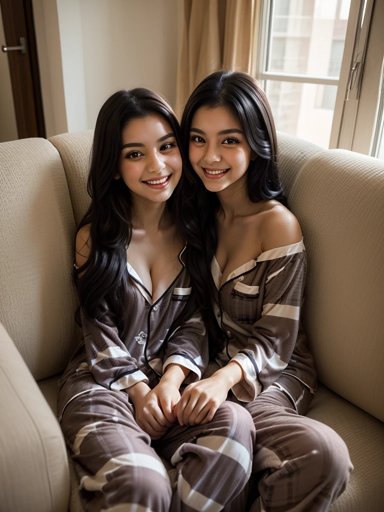 (conjoined_dicephalus), (2heads), 20-year-old latina girl with two heads, long black hair, brown eyes, wearing pajamas, sitting on a couch in an apartment, smiling, selfie