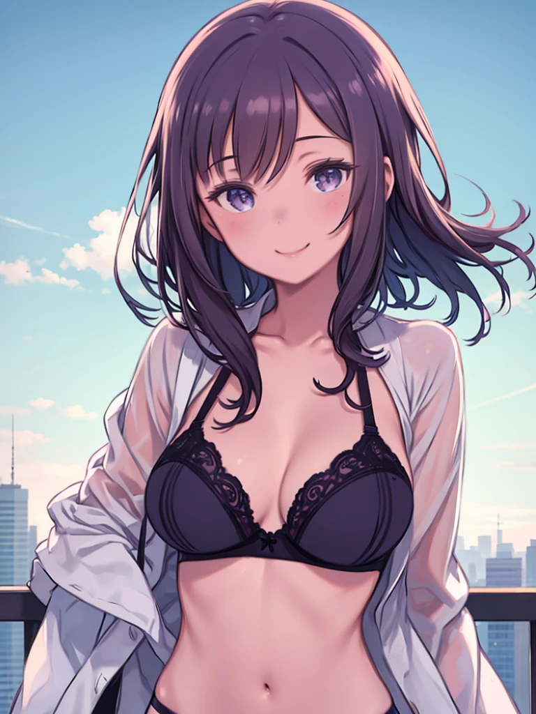 (masterpiece), (best quality), highly detailed, absurdres, very aesthetic, soft light, 1girl, (li:1.2), small breasts, (black hair:1.2), long hair, twintails, full bangs, (pink eyes:1.1), (black lace bra:1.2), (pleated plaid skirt:1.1), hair ribbon, off shoulder, (pink jacket:1.2), choker, smile, outdoors, park,