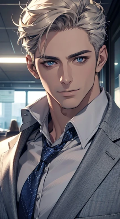 (best quality,4k,8k,highres,masterpiece:1.2),ultra-detailed,(realistic,photorealistic,photo-realistic:1.37),1 man,31 years old,mature man,very handsome,without expression,smile,short grey golden hair,blue eyes,penetrating gaze,perfect face without errors,imposing posture,businessman,office background,cinematic lighting,hdr image