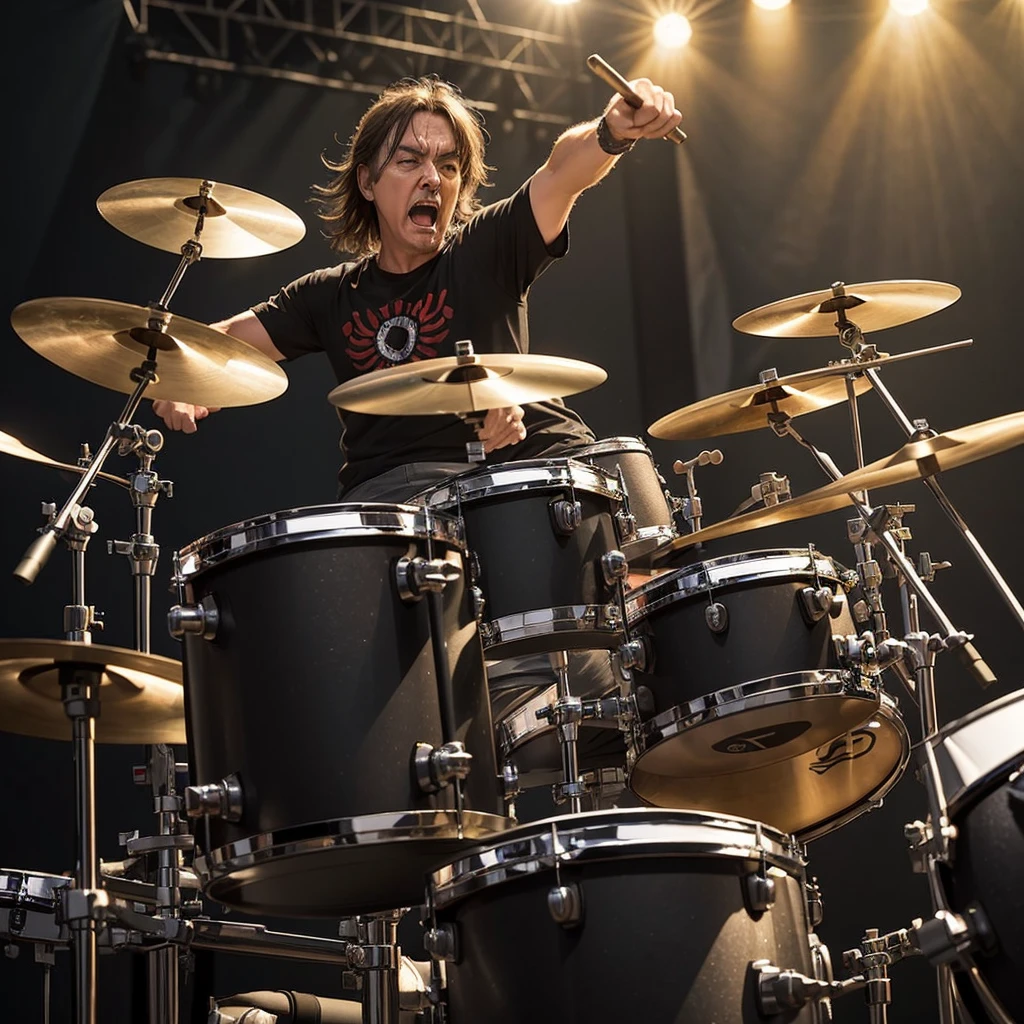 a metal drummer on stage, slightly based on Neil Peart l, shouting straight into the camera, HDR, 8K, ultra-sharp, field of depth, hyperrealism, in motion effect, glimmer splashing from the drums, weirdly tilted angle view, grunge