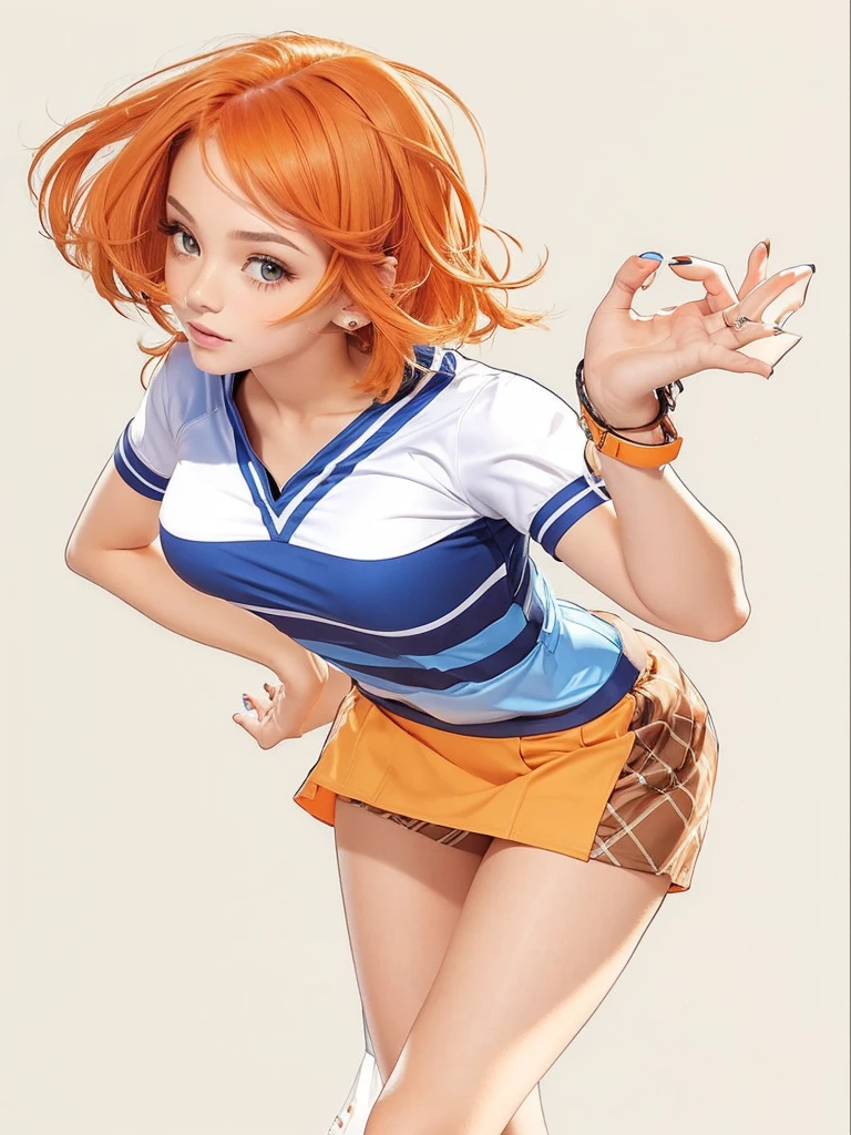 a beautiful girl, very sexy, with short orange hair, with skirt, with jersey.