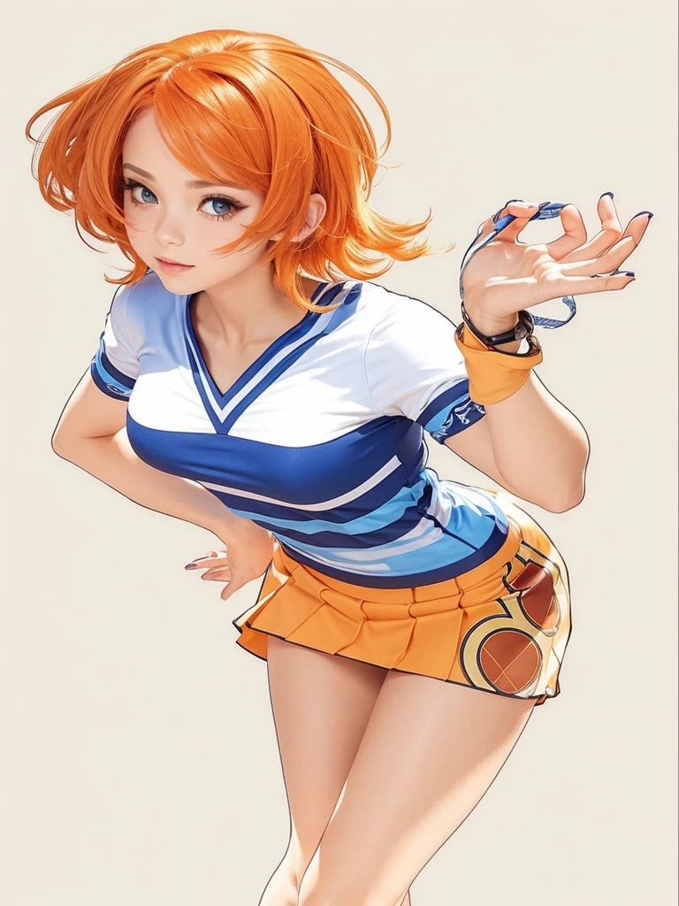 a beautiful girl, very sexy, with short orange hair, with skirt, with jersey.