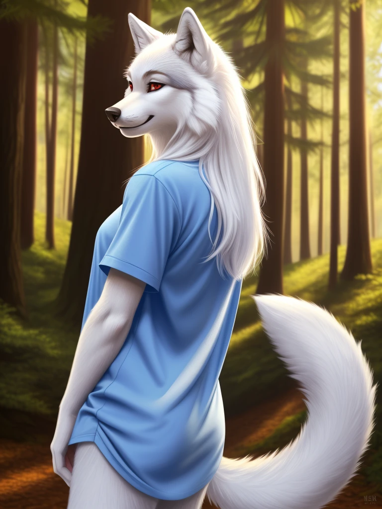 Posing, Female, 30 years old, cute, eyeliner, long hair, biting lip smile, blue shirt, bedroom eyes, anthro, wolf ears, (white fur:1.5), baggy shirt, wolf, forest background, 8k, hi res, (best quality, masterpiece), red eyes, (wolf tail:1.5), in back turned posing