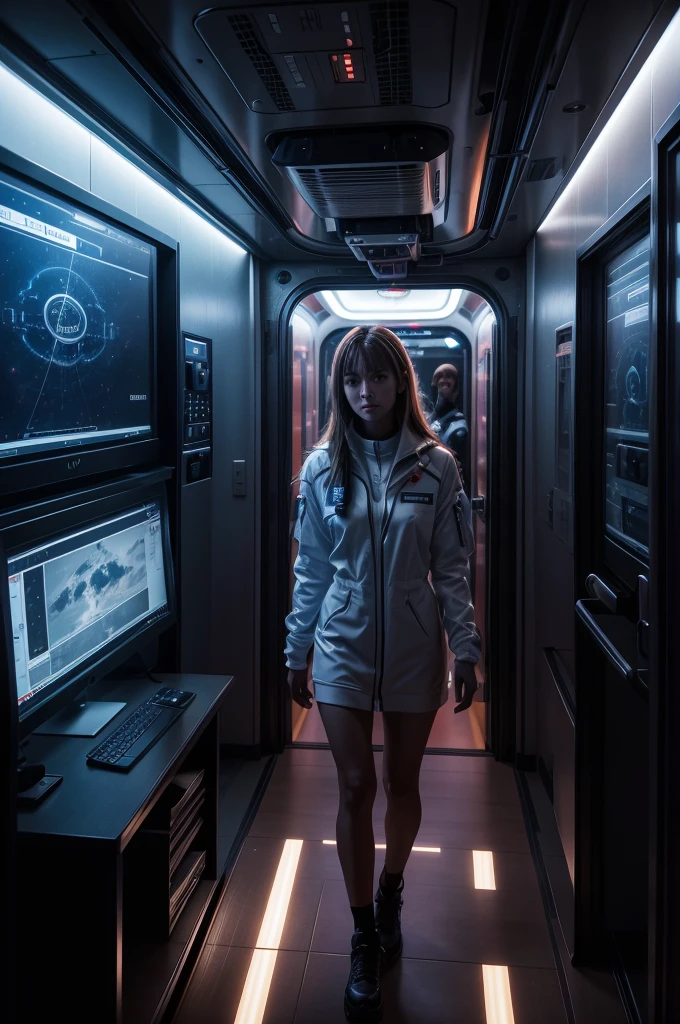 You are on board a futuristic spaceship heading to Mars. The room is illuminated by a soft, bluish light., coming from LED panels embedded in the white, futuristic walls of the ship. Uniformed crew members move with elegance and determination through the corridors, their form-fitting, technological outfits gleaming under the artificial light.
Ahead of ship, an immense holographic screen displays in real time the image of the red planet getting closer and closer. Mars shines in dark space like a distant lighthouse, promising mysteries and challenges for the crew preparing to land on its arid surface.
The soft sound of computers and on-board equipment fills the environment, while the crew's voices resonate in technical communications and precise orders. The air is controlled and filtered, keeping the ship's internal atmosphere fresh and oxygenated, ensuring the comfort and safety of crew members during the long interplanetary journey.
As the ship slowly approaches its final destination, the excitement and tension are palpable in the air. The crew's gaze turns to the holographic screen, eager to uncover the secrets and challenges that await them on Mars, the red planet that now reveals itself in all its grandeur before them.