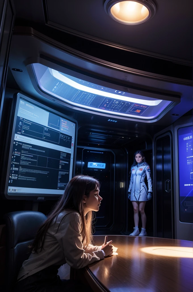 You are on board a futuristic spaceship heading to Mars. The room is illuminated by a soft, bluish light., coming from LED panels embedded in the white, futuristic walls of the ship. Uniformed crew members move with elegance and determination through the corridors, their form-fitting, technological outfits gleaming under the artificial light.

Ahead of ship, an immense holographic screen displays in real time the image of the red planet getting closer and closer. Mars shines in dark space like a distant lighthouse, promising mysteries and challenges for the crew preparing to land on its arid surface.

The soft sound of computers and on-board equipment fills the environment, while the crew&#39;s voices resonate in technical communications and precise orders. The air is controlled and filtered, keeping the ship&#39;s internal atmosphere fresh and oxygenated, ensuring the comfort and safety of crew members during the long interplanetary journey.

As the ship slowly approaches its final destination, the excitement and tension are palpable in the air. The crew&#39;s gaze turns to the holographic screen, eager to uncover the secrets and challenges that await them on Mars, the red planet that now reveals itself in all its grandeur before them.