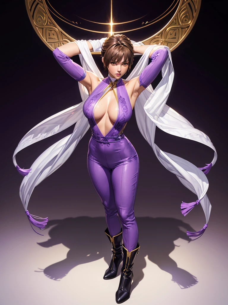 ((best quality)), ((4k)), ((highres)), ((masterpiece:1.2)). ((detailed)), ((ultra realistic)), ((intricate details)), ((full body picture)), ((solo character)), ((blank background)), ((standing in a blank background)), a full body shot of a beautiful european female, polish woman, polish beauty, ((emphasis on her fair skin complexion)), ((brown hair)), pixie haircut, ((PIXIE HAIRCUT)), ((VERY SHORT HAIR)), perfect face, gorgeous face, ((vivid hazel eyes)) detailed eyes, detailed lips, about 6'3 tall, ((TALL WOMAN)), about 18 years old, muscular body, ROBUST FRAME, muscular arms, she's dressed in a sleeveless purple jumpsuit with high neck, ((PURPLE JUMPSUIT)), ((high neck)), no cleavage, ((no cleavage)), BLACK boots and white gloves, ((BLACK boots)), ((white gloves)), WHITE and purple long SCARF AROUND HER neck WITH GOLD ADORNMENTS, ((WHITE and purple long SCARF AROUND HER neck)), posing with her arms above her head, ((arms above head)), fighting game character concept art, tekken character design, the king of fighters character concept, full bofy, full body concept art, full body art