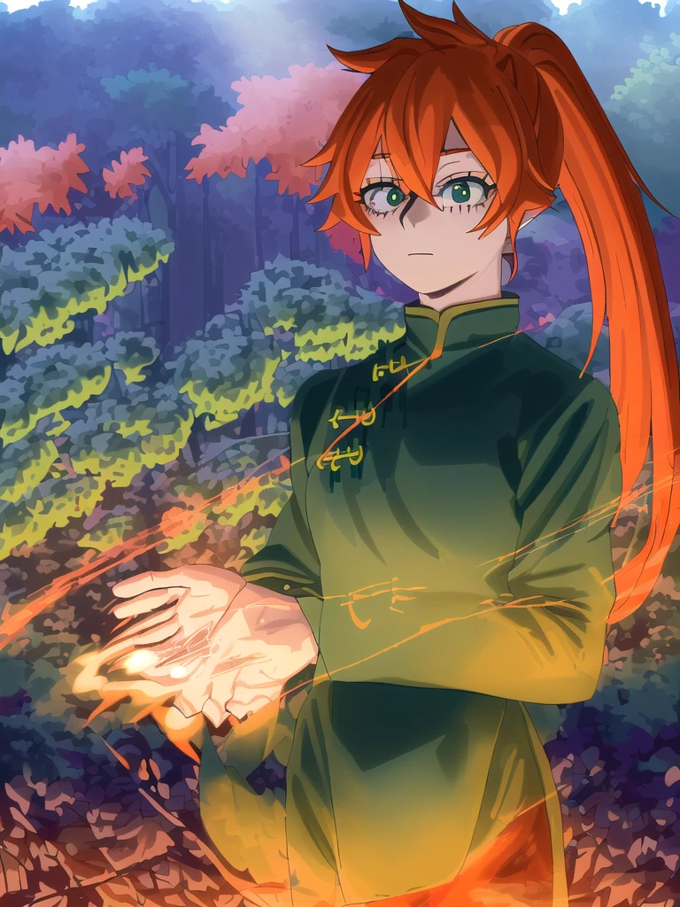 itsukakendo, itsuka kendo, long hair, (green eyes:1.3), ponytail, orange hair,
chinese clothes, long sleeves, wide sleeves,
 outdoors,
looking at viewer, (cowboy shot:1.5),
(masterpiece:1.2), best quality, high resolution, unity 8k wallpaper, (illustration:0.8), (beautiful detailed eyes:1.6), extremely detailed face, perfect lighting, extremely detailed CG, (perfect hands, perfect anatomy),