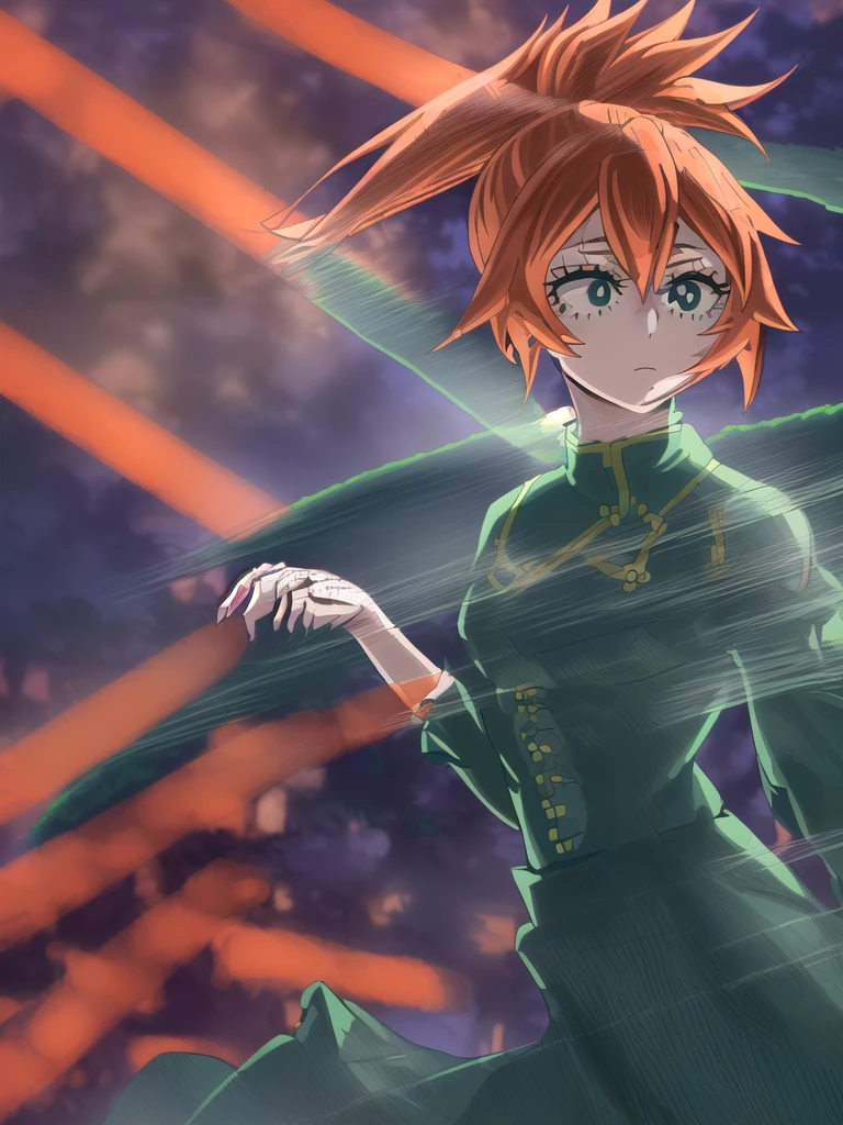 itsukakendo, itsuka kendo, long hair, (green eyes:1.3), ponytail, orange hair,
chinese clothes, long sleeves, wide sleeves,
 outdoors,
looking at viewer, (cowboy shot:1.5),
(masterpiece:1.2), best quality, high resolution, unity 8k wallpaper, (illustration:0.8), (beautiful detailed eyes:1.6), extremely detailed face, perfect lighting, extremely detailed CG, (perfect hands, perfect anatomy),