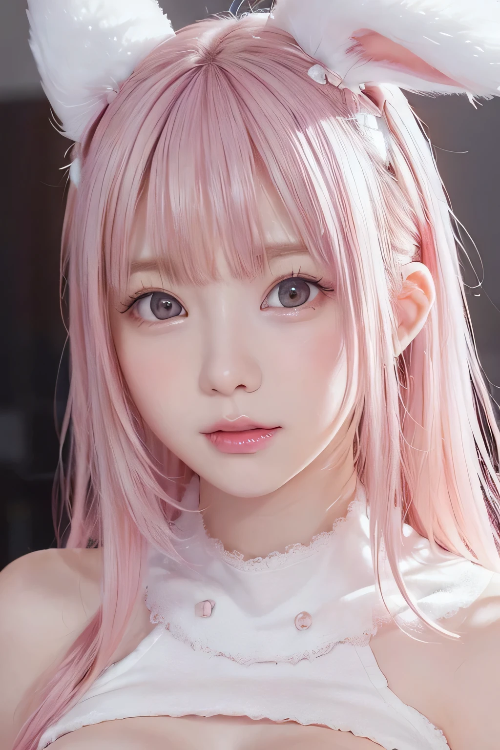 (8k、Highest quality、masterpiece、 Ultra-high resolution)、(Headshot closeup:1.4)、1girl、cute、Idol face、Baby Face、(slim、Flat Body:1.34)、(10 years old), Bedroom, pastel colour, Fluffy bunny ears, , Silver long hair, Stuffed rabbit, Bright lighting, Pale pink eyes、(White and pink gradient:1.35)