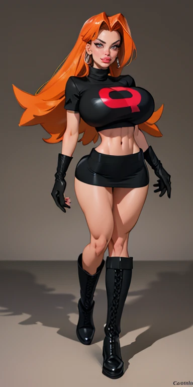 (best quality,4k,8k,highres,masterpiece:1.2),ultra-detailed),HDR,UHD,1girl, full body of beautiful jessie, (black turtleneck top), looking at viewer, volumetric lighting, best quality, masterpiece, realistic , (gigantic breasts), 1girl, face portrait of cassidy evil smile, team rocket,volumetric lighting, best quality, masterpiece, retro artstyle, ((cassidy)), (gigantic breasts), (orange hair), ((team rocket uniform)), short black skirt,midriff, ((long black boots)), pantyhose, navel, long hair, ((black opera gloves)), cowboy shot