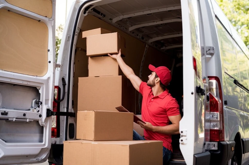 delivery man sitting in van with open back door checking several boxes