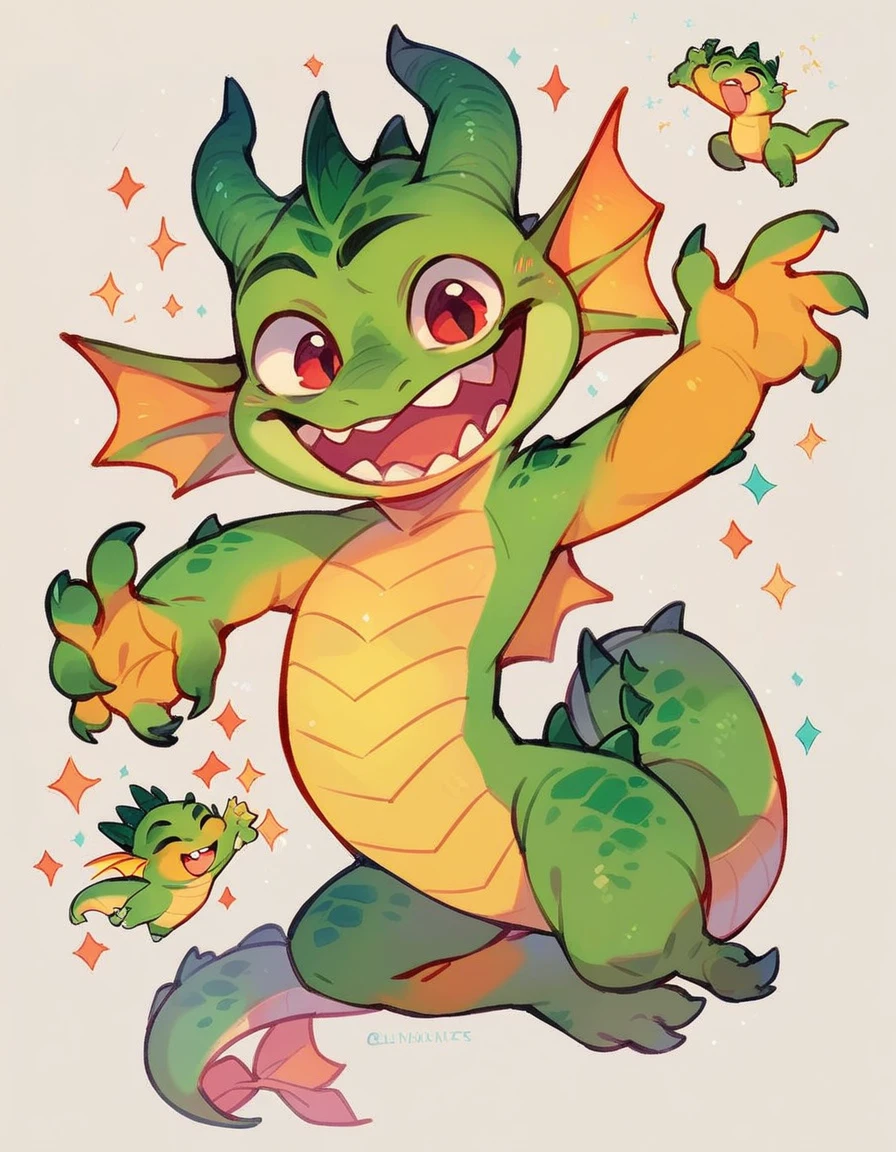 high quality, (dragon), (cute little Dragon), (cartoon:1.3),(chibi:1.2),(pixar style:1.2),(cute expression:1.1), ((((red with yellowish colors)))), he wears a gold tie, (((cheering pose))), white background, full body, very cute