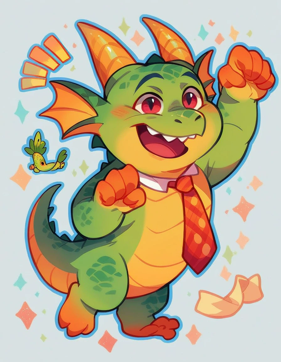 high quality, (dragon), (cute little Dragon), (cartoon:1.3),(chibi:1.2),(pixar style:1.2),(cute expression:1.1), ((((red with yellowish colors)))), he wears a gold tie, (((cheering pose))), white background, full body, very cute