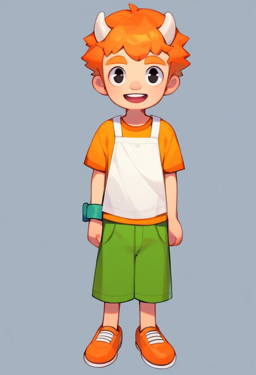 Joseph, junior, solo, looking at viewer, smile, short hair, open mouth, simple background, shirt, 1boy, standing, full body, short sleeves, black eyes, orange eyebrows, small clump of orange hair, fully white horns, orange t-shirt, white bib with the text 'JR', green shorts, black wristbands, orange shoes with yellow soles.