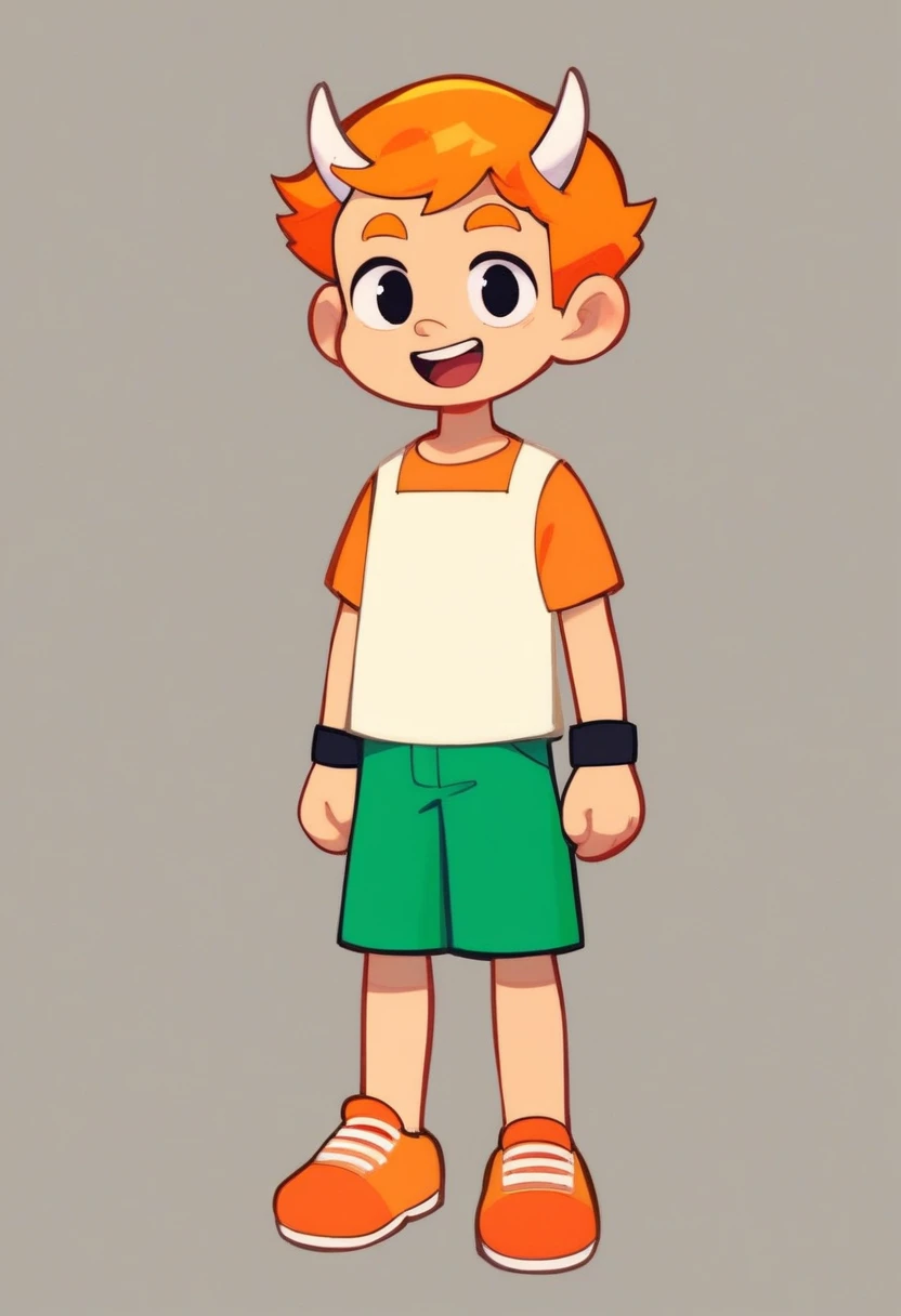 Joseph, junior, solo, looking at viewer, smile, short hair, open mouth, simple background, shirt, 1boy, standing, full body, short sleeves, black eyes, orange eyebrows, small clump of orange hair, fully white horns, orange t-shirt, white bib with the text 'JR', green shorts, black wristbands, orange shoes with yellow soles.