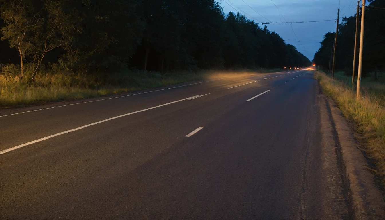 A road in the early morning at very dark night with few broken windows in the middle of the road