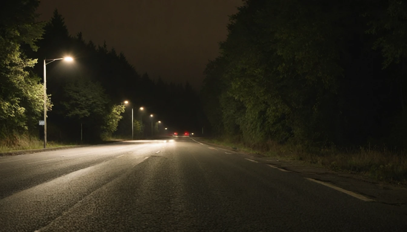 A road in the early morning at very dark night with few broken windows in the middle of the road