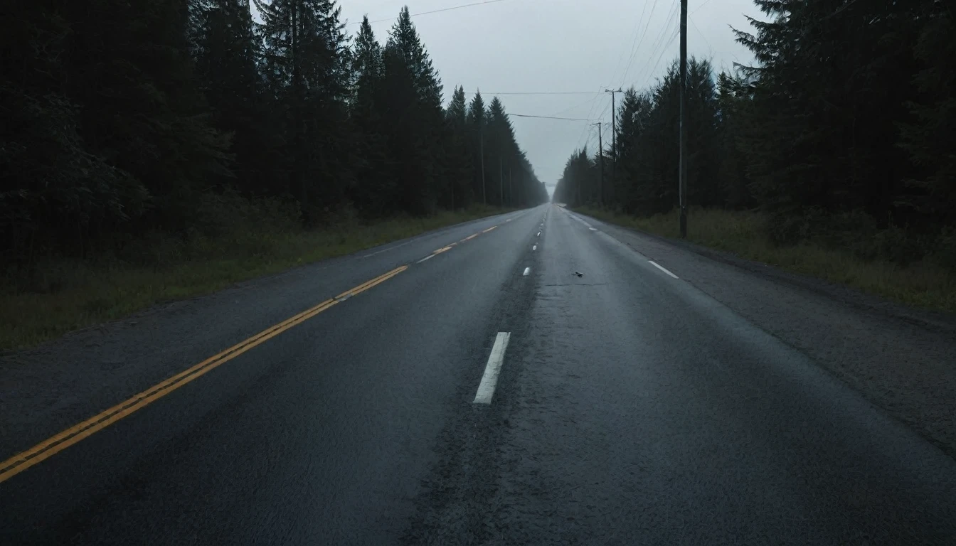 A road in the early morning at very dark night with few broken windows in the middle of the road