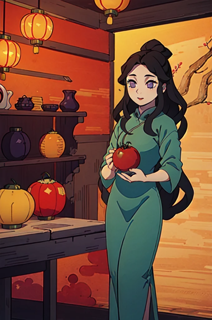 ( Best Quality, ancient china, A girl, opaque green chinese long dress), long hair tied in two tomatoes, black hair, purple eyes
