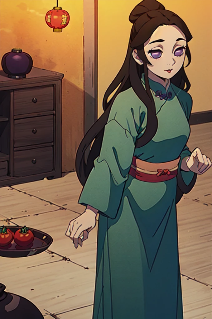 ( Best Quality, ancient china, A girl, opaque green chinese long dress), long hair tied in two tomatoes, black hair, purple eyes
