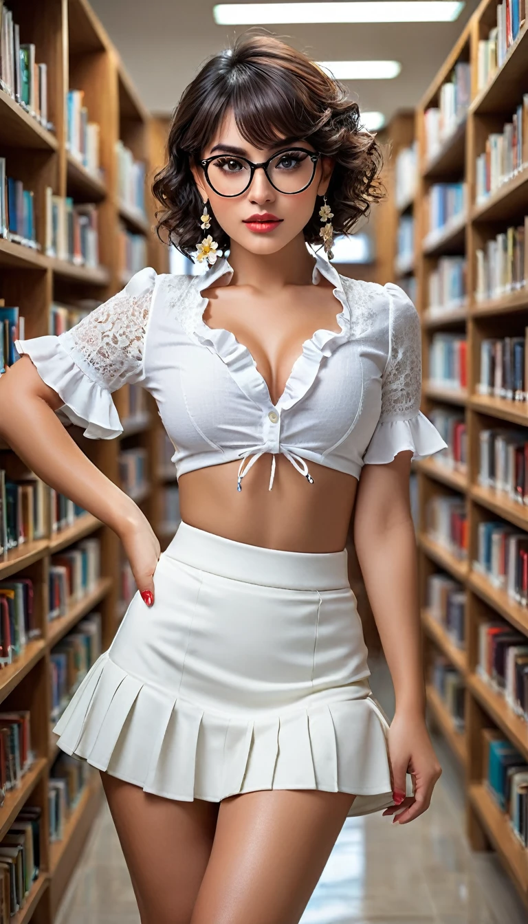 (((beautiful beautiful Isabela Merced, posing for uploadss, looking sexy, ruffled lips, Cabelo curto e curly, extremely pretty eyes))), ((wearing floral silver necklace)), realistic uploadsgraph, highy detailed, Foco do pointed, (Main lighting), (indoor bookstore environment), artwork, extremely pretty, Perfect beauty, (perfect shape body, Broad Hips, small waist, thick-thighs, firm abs, Body cute, knees, knees, focus on the knees, breasts small), cabelo curto com franja, short hair with bangs covering the forehead, cabelo curto com franja ((((short hair with bangs covering the forehead)))), ((30 years old)), (extremely detaild 8k wallpaper), ((face detailed)), (((wearing white shirt, saia curta de tweed, knees, knees, stitched nylons, Strad sandals)), (long dark eyelashes), (((earrings))), ((())), (((seen from behind))), (looking at the camera), ((())), (glamor model), (seductive facial expression) (((standing between high shelves full of books))), extremely detaild, artwork, Intricate details, highy detailed, Foco do pointed, skin detailed, realistic skin texture, texture, detailedeyes, high resolution, kodak vision color, uploads_\(ultra\), Post-processing, maximum detail, roughness, real-life, ultra realistic, uploadsrealism, uploadsgraphy, absurderes, RAW uploads, highest quallity, high detail RAW color uploads, professional uploads, extremely detaild UHD 8k wallpaper unit, best quality, high resolution, (artwork, maximum quality, high resolution:1.4), uploads, cinematic, film grain, pointed, soft natural light, magic uploadsgraphy, super verbose, ((whole body: legs 1.3)), librarian glasses, nerd glasses, ((pleated miniskirt: miniskirt 1.3)), unbuttoned blouse with cleavage, bellybutton, navel, cleavage