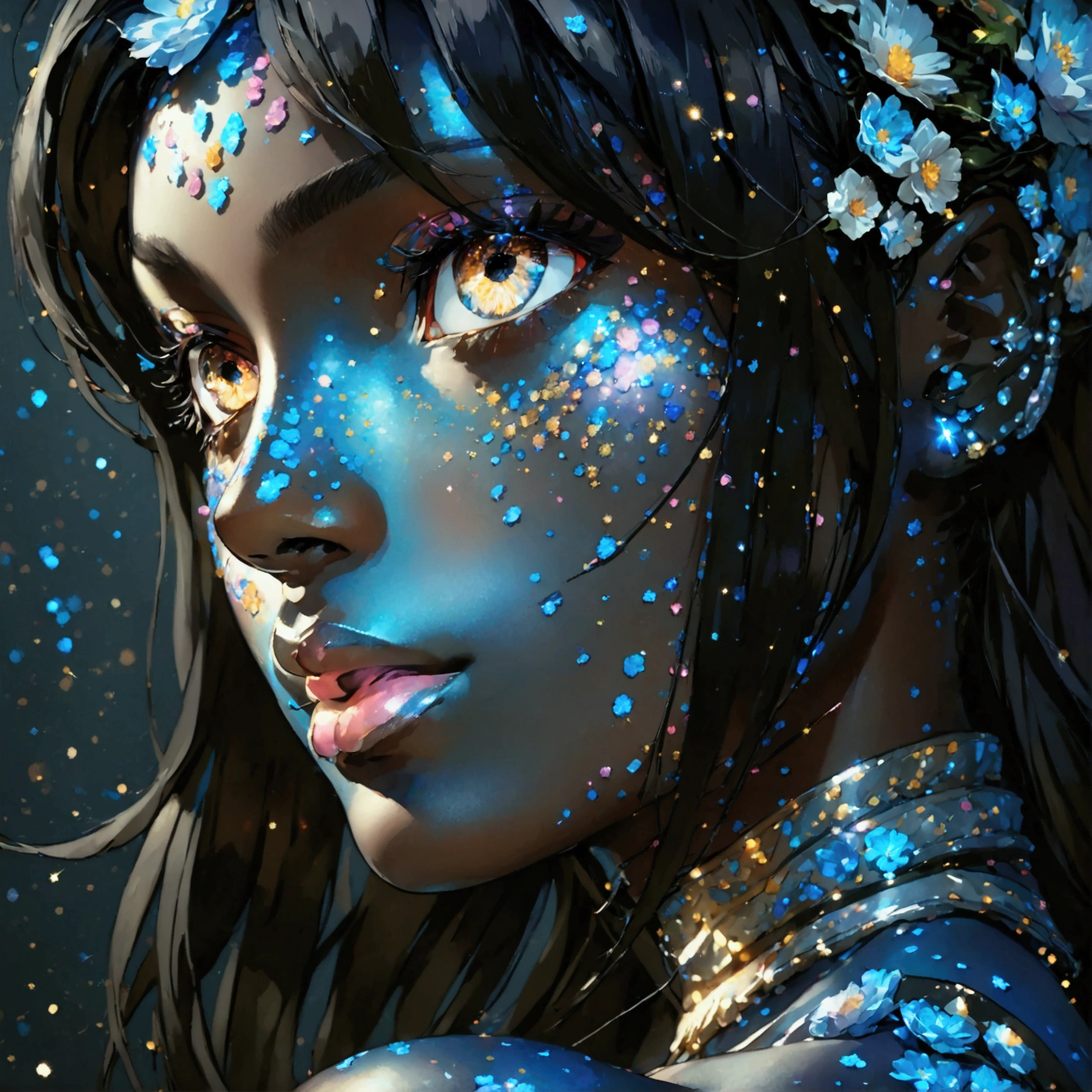 PORTRAIT, a battle angel portrait, beautiful black skin with sparkles and glitter, long long hair, shiny and lightening eyes detailed skin, image is compelling with dynamic composition and energetic posing. Include many fantasy details such as bumps, phantasmal iridescence, glitter, galaxy, cosmos, ((dark celestialskin body, void cosmic body)), (((dark background))), (((lights off))), (((hollywood dark))), horror, dramatic shadows, (in a dark fantasy space:1.3, glitter, sparkle, gleam) vector digital illustration, (black background:1.5)sharp