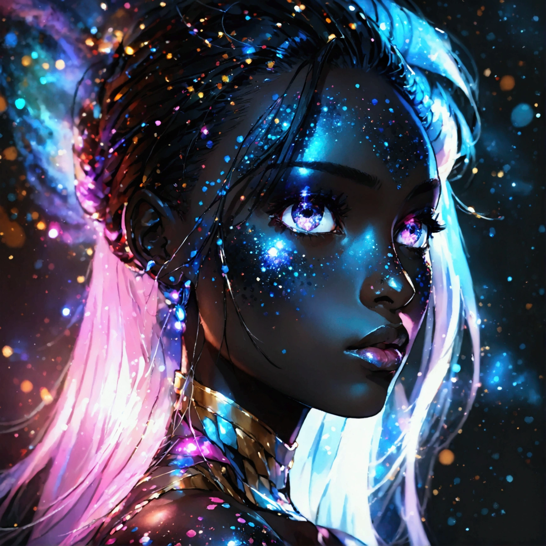 PORTRAIT, a battle angel portrait, beautiful black skin with sparkles and glitter, long long hair, shiny and lightening eyes detailed skin, image is compelling with dynamic composition and energetic posing. Include many fantasy details such as bumps, phantasmal iridescence, glitter, galaxy, cosmos, ((dark celestialskin body, void cosmic body)), (((dark background))), (((lights off))), (((hollywood dark))), horror, dramatic shadows, (in a dark fantasy space:1.3, glitter, sparkle, gleam) vector digital illustration, (black background:1.5)sharp