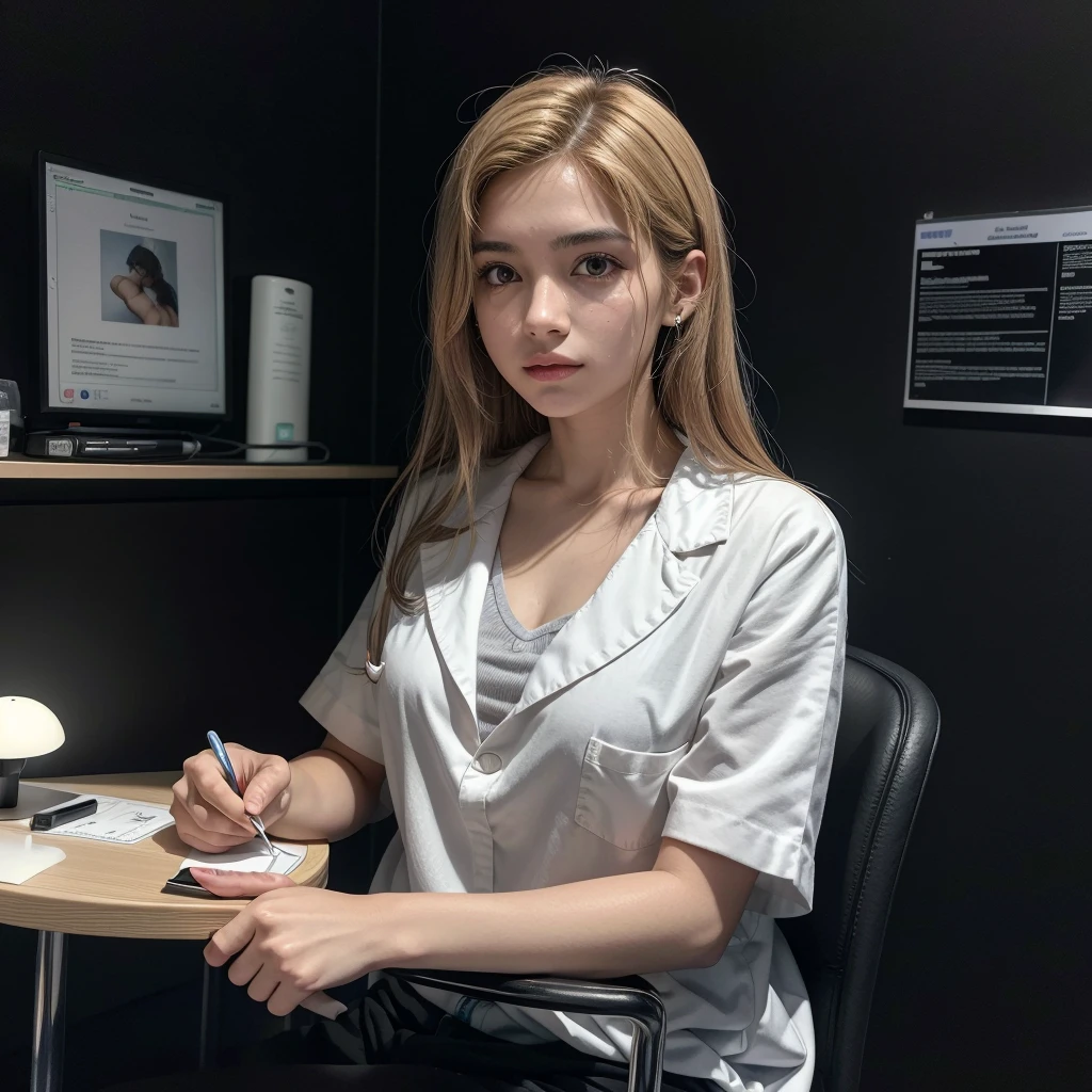 Arafa woman in a white shirt, sitting at a table in an aesthetics office, Instagram, aesthetic, professional, Pelisse, aesthetic, david rios ferreira, macoto takahashi, fututista, scientific, aesthetic, doctor of aesthetics, on a black background wall