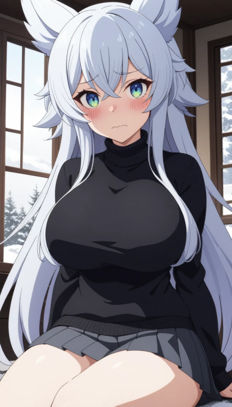 (masterpiece, best quality, very aesthetic, ultra detailed), intricate details, 1girl, fenrys, wolf girl, longhair, large breasts, black sweater, turtleneck sweater, pleated skirt, wavy mouth, blush, confused, sitting, indoors, window, snow, looking at viewer,