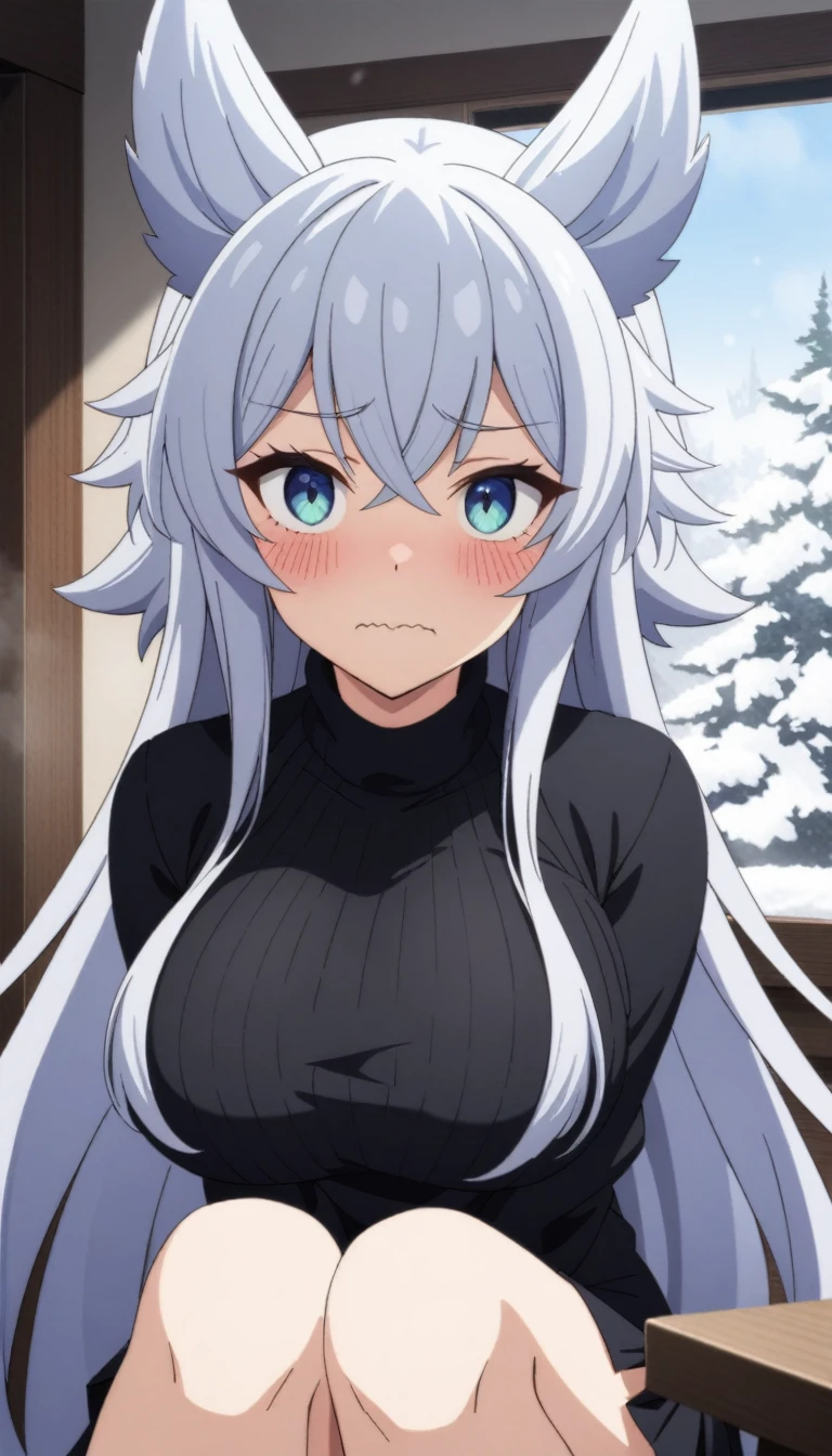 (masterpiece, best quality, very aesthetic, ultra detailed), intricate details, 1girl, fenrys, wolf girl, longhair, large breasts, black sweater, turtleneck sweater, pleated skirt, wavy mouth, blush, confused, sitting, indoors, window, snow, looking at viewer,