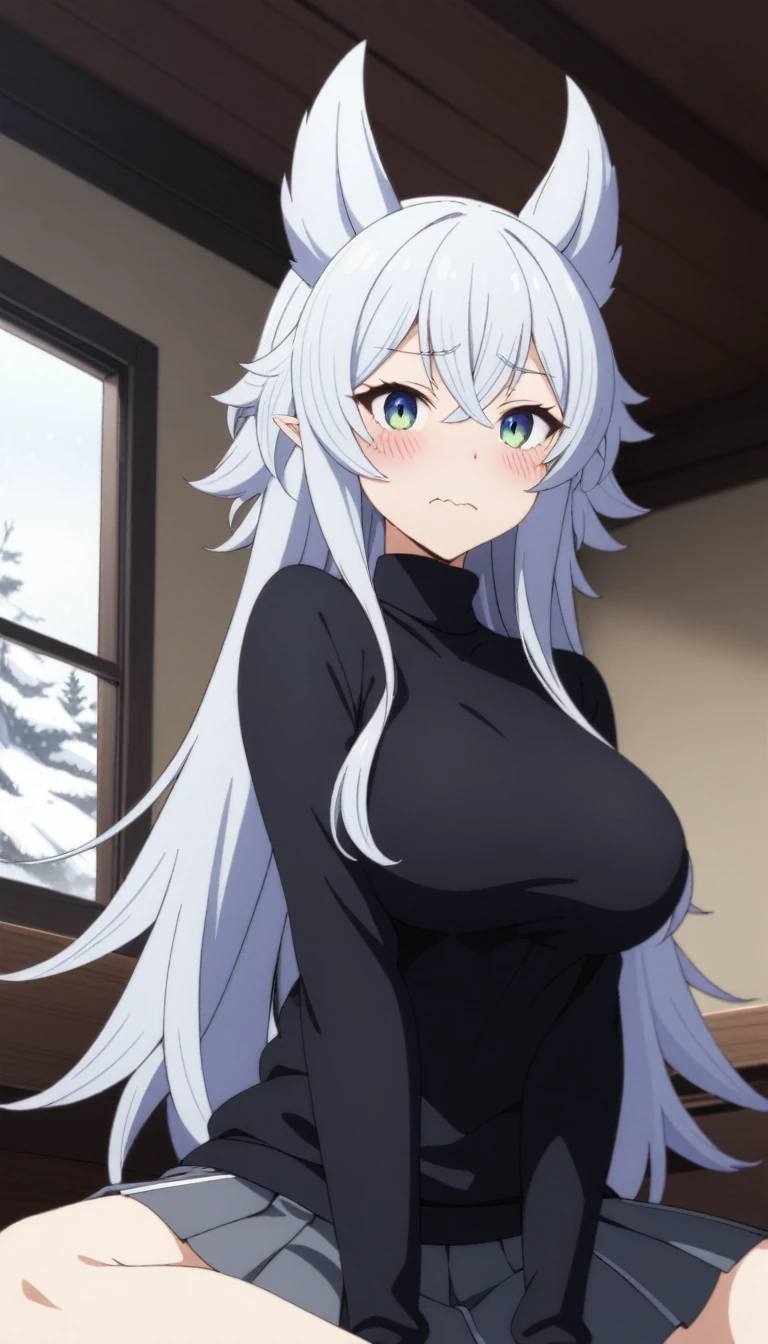 (masterpiece, best quality, very aesthetic, ultra detailed), intricate details, 1girl, fenrys, wolf girl, longhair, large breasts, black sweater, turtleneck sweater, pleated skirt, wavy mouth, blush, confused, sitting, indoors, window, snow, looking at viewer,