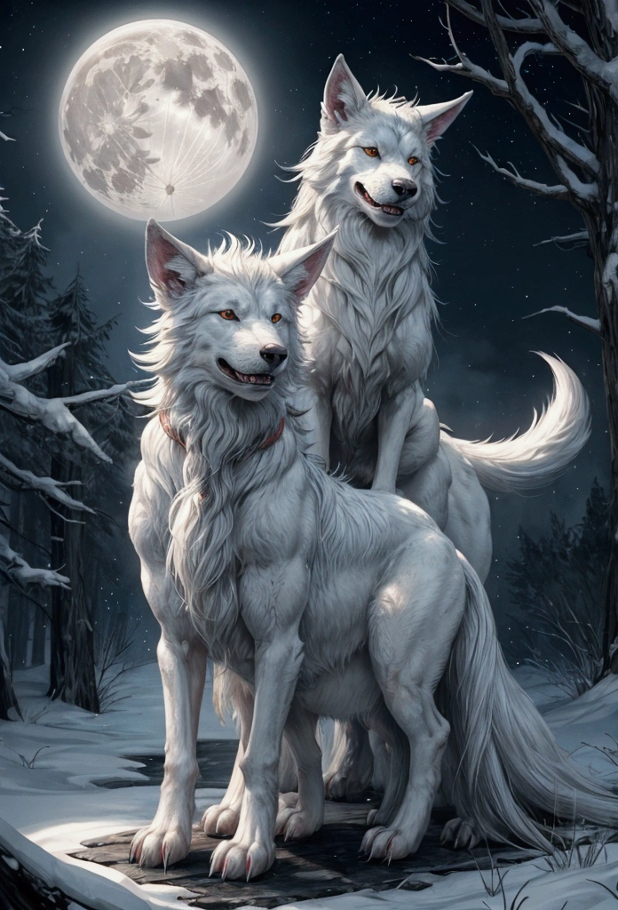 Title: Cŵn Annwn of Welsh Mythology Description: Draw a Cŵn Annwn, a spectral dog from Welsh mythology. This mythical being should convey a supernatural and mysterious aura. Here are the specific details: Body: The Cŵn Annwn is a large dog, the size of a wolf, with a well-defined yet slender musculature. Its fur is white as snow, reflecting the light around it, almost glowing in an ethereal tone. Fur: The fur is long and thick, especially around the neck where it forms a kind of mane, and the tail, which should be voluminous and seem almost alive. The fur should appear a bit wild and disheveled. Eyes: The eyes of the Cŵn Annwn are one of its most distinctive features. They should be a bright red, shining intensely against the light background of the fur. The eyes should convey intelligence, ferocity, and a touch of sadness. Snout and Teeth: The snout is long and narrow, with large, sensitive nostrils. The teeth are sharp and slightly visible even when the mouth is closed, suggesting the threat of a predator. When the mouth is open, it should reveal long and frightening fangs. Ears: The ears are pointed and always erect, alert to any sound. They should be a vivid red, contrasting strongly with the white fur. Paws: The paws are large and strong, adapted for running long distances and hunting. The claws should be visible, sharp, and slightly elongated. Environment: The Cŵn Annwn should be in a setting that reinforces its spectral nature. It could be a dark, misty forest or an open field under a starry sky with a bright full moon shining in the background. The environment should feel mysterious and ethereal. Supernatural Aura: Add a slight glow or aura around the Cŵn Annwn to highlight its supernatural nature. The aura can be a soft blue or green hue, just enough to suggest that this being does not belong to the world of the living.