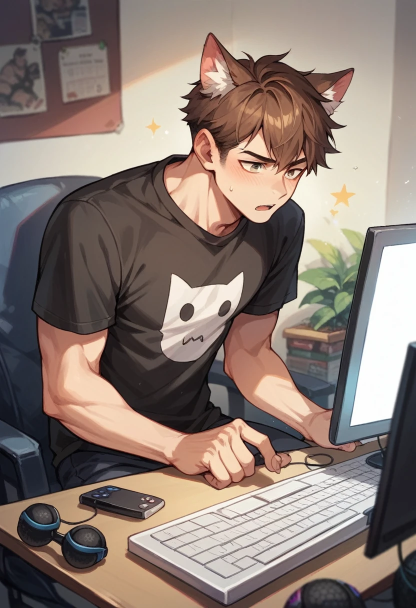 create a male cat eared anime character in black sweatshirt with small ears in front of computer, with brown hair in a gamer room