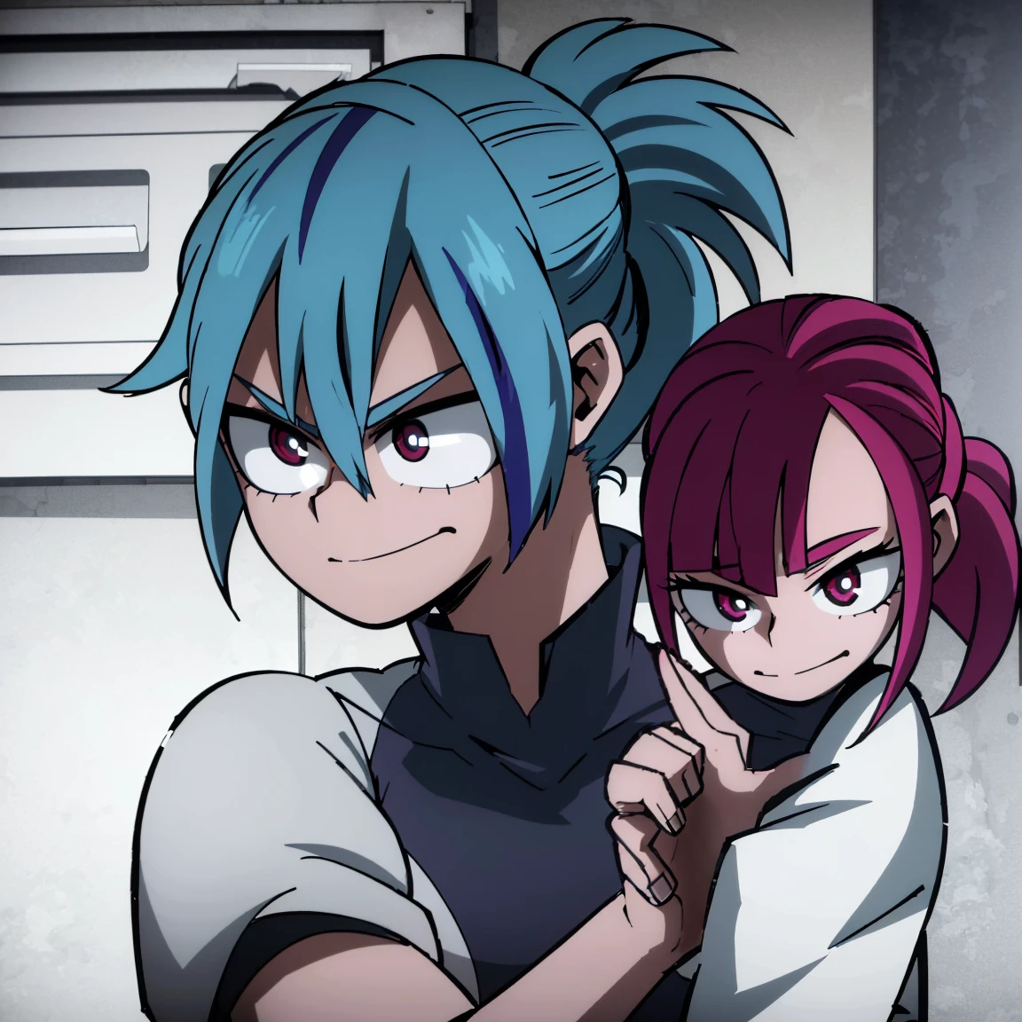1girl, solo, fair skin, smile, big chest, long ponytail hair, blue hair, dark blue streaked hair, multicolored hair, two-tone hair, pink eyes, blue eyeshadow, ((perfect detailed anatomy, beautiful eyes, beautiful detailed face, perfect detailed body, shiny skin)), ((masterpiece, absurdres, best quality, high resolution, finely detail, 8k, sharp, realistic)), gray jacket, red tie, white shirt, teal skirt, u.a, UA uniform, Kohei Horikoshi, My Hero Academia, Hiori Light Art, Backlight, SketchStyle
