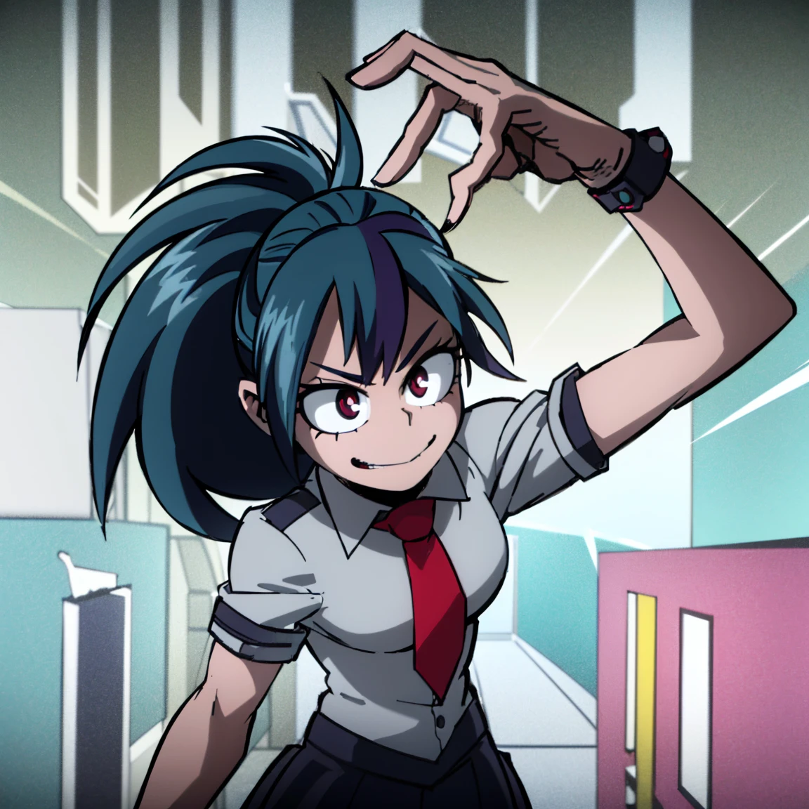 1girl, solo, fair skin, smile, big chest, long ponytail hair, blue hair, dark blue streaked hair, multicolored hair, two-tone hair, pink eyes, blue eyeshadow, ((perfect detailed anatomy, beautiful eyes, beautiful detailed face, perfect detailed body, shiny skin)), ((masterpiece, absurdres, best quality, high resolution, finely detail, 8k, sharp, realistic)), gray jacket, red tie, white shirt, teal skirt, u.a, UA uniform, Kohei Horikoshi, My Hero Academia, Hiori Light Art, Backlight, SketchStyle