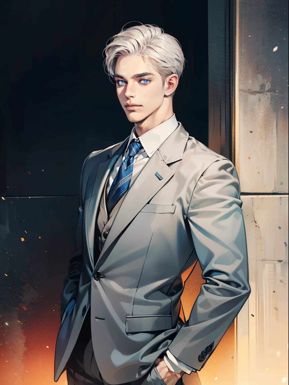 masterpiece, best quality, realistic, 1man, mature male, quiet and charming young man, 41 year old, serious look, closed mouth, portrait, extremely detailed face, cold smile, ((dark grey blue eyes)), ((short-right-swept dark white hair)), [thick eyebrows], ((suit)), handsome, full body, western, Jewish, light brown skin,