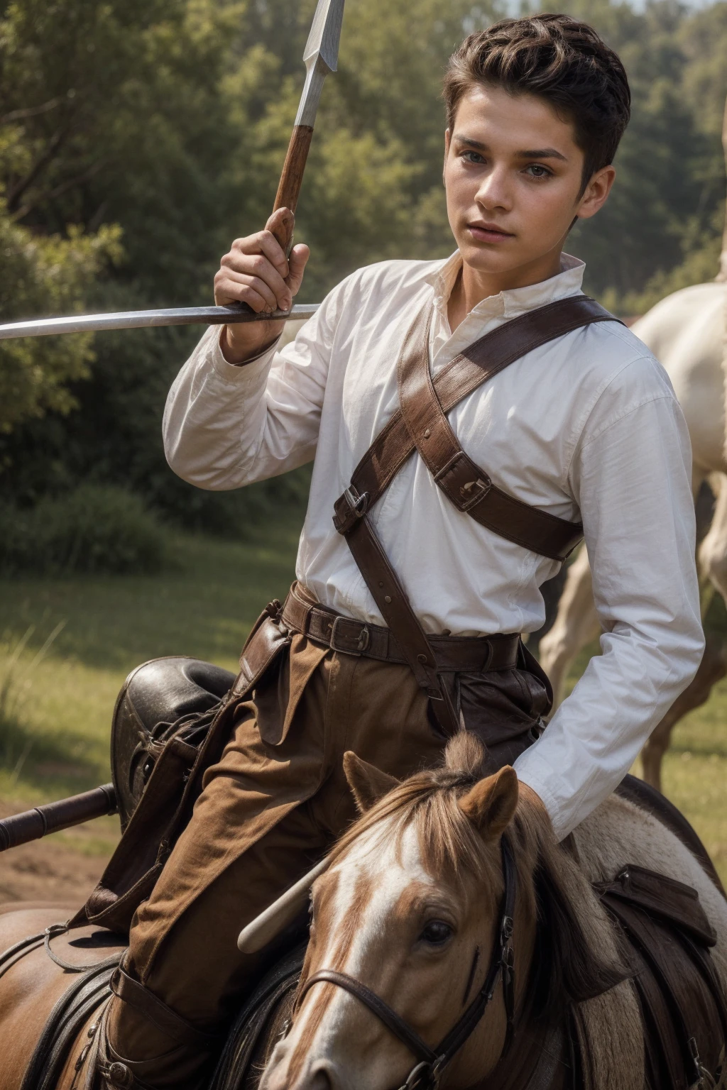 A cute twink male with a face with make-up and black hair. He is wearing a long-sleeved white shirt and brown pants. He is riding a horse and is on the battlefield fighting against the army. He has a sword, shield and arrows in his hand.