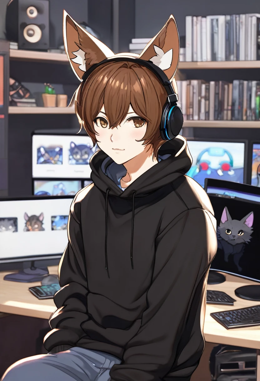 create a male cat eared anime character in black sweatshirt with small ears in front of computer, with brown hair in a gamer room
