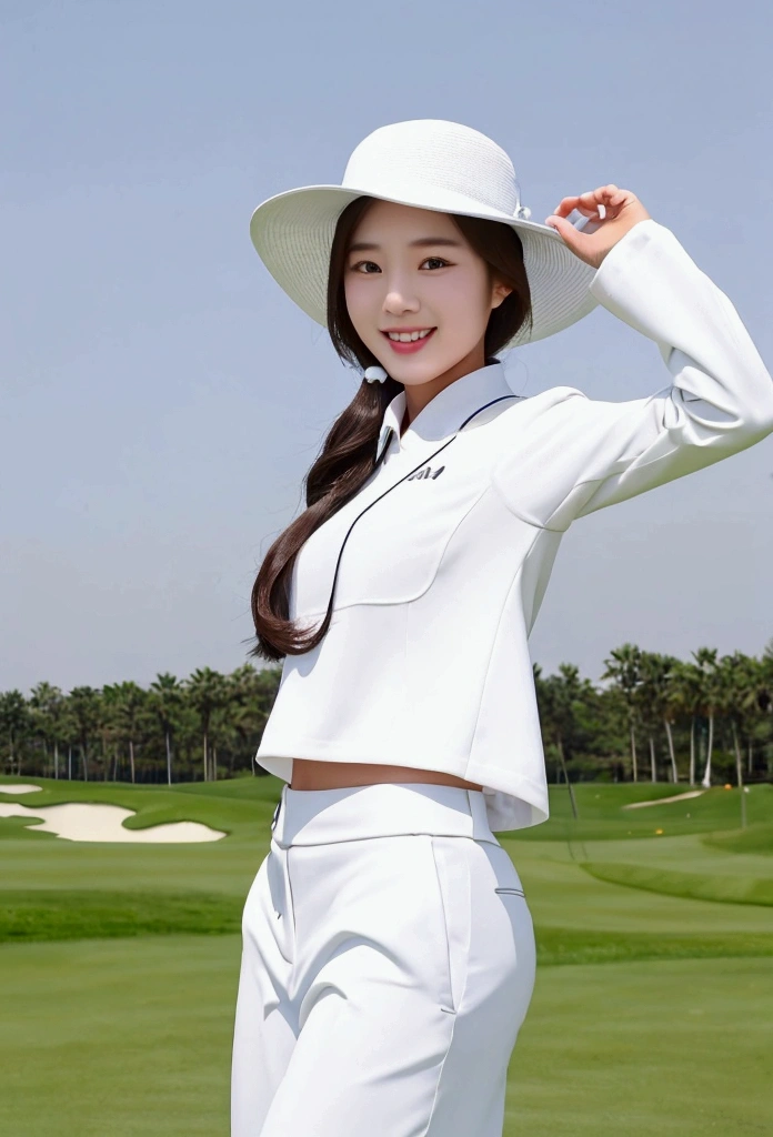 Create an image of a beautiful smile Korean woman in her twenties, dressed in a white hat and white golf outfit, standing on a golf course. The image should capture her entire body from head to toe