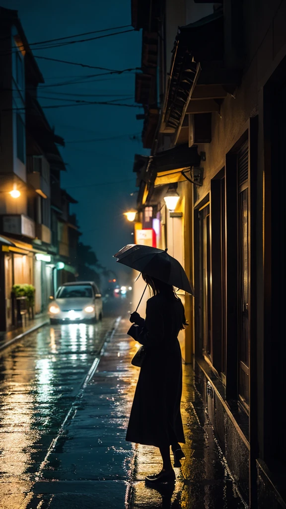 night Light from the window Woman walking and peeking Light rain